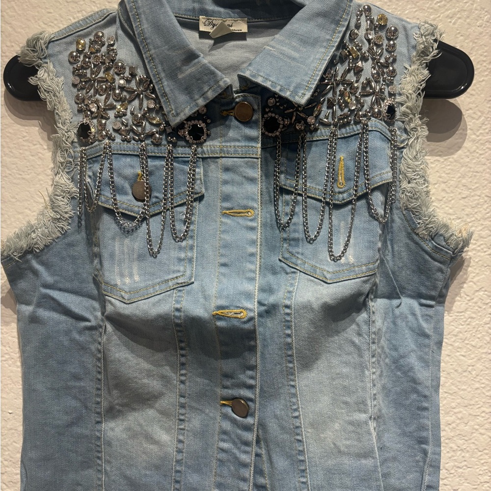 Embellished Denim Vest with Chains